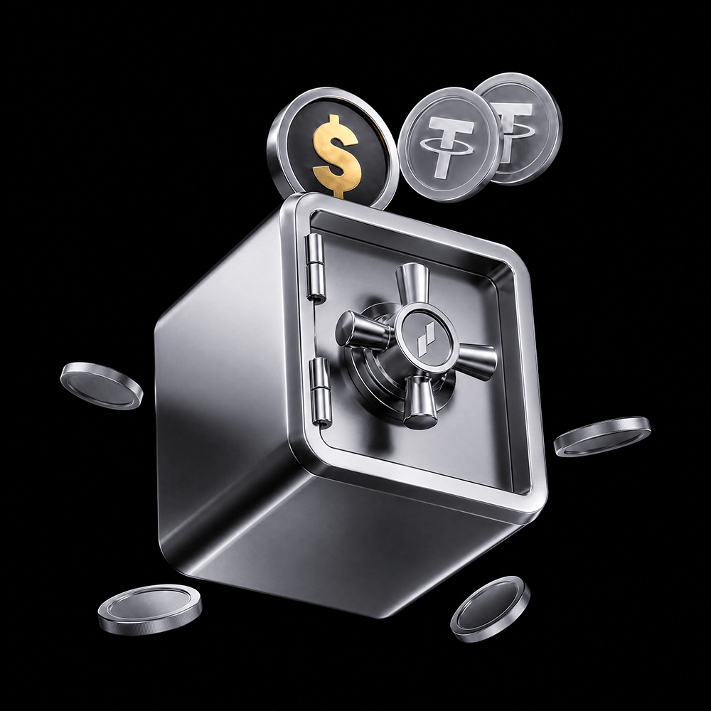 Floating metallic safe surrounded by coins
